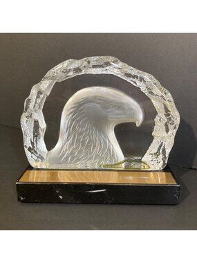 Vintage NYBRO Art Glass Crystal EAGLE Paperweight On Marble With Brass Plaque